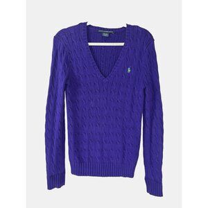 Vintage Ralph Lauren Sport Large Purple CableKnit Sweater Green Pony Y2K Preppy